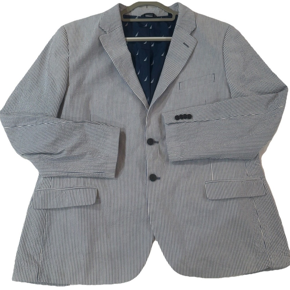 Nautica Mens Seersucker Striped Blazer Suit Jacket Blue White 48R  Preppy - Picture 2 of 12